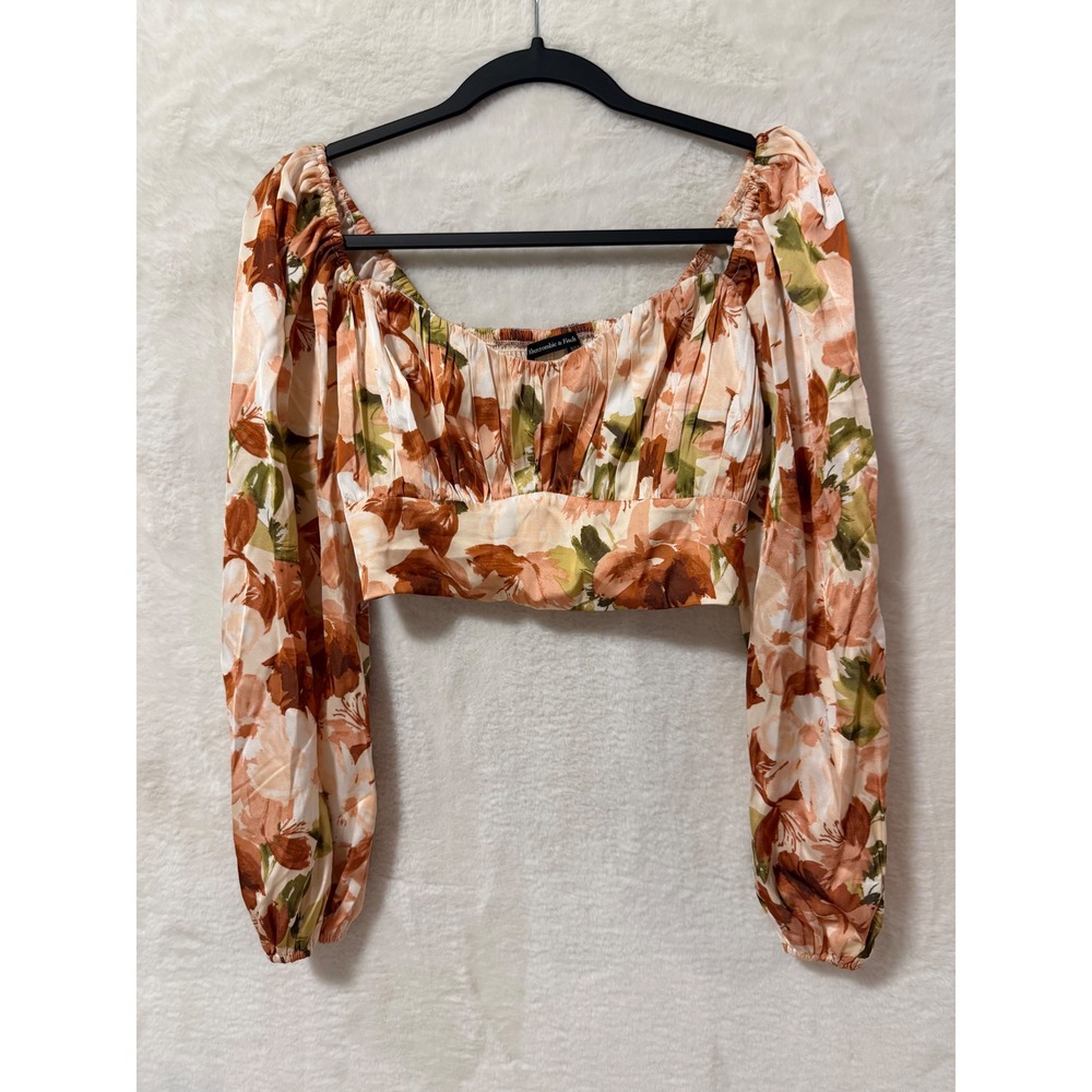 Abercrombie & Fitch Floral Satin Crop Top Medium Long Sleeve Blouse Orange